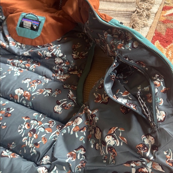 Patagonia Bivy Down Puffer Vest hooded Mogul Blue Turquoise teal Rust Womens M - Picture 8 of 12